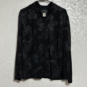 Alex Evenings VTG Jacket Black Silver Metallic Floral Paisley Glitter Zip Up 1X